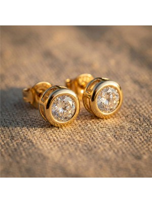 Zeino Tek Taş Zirkon Çelik Küpe - 14K Altın Rengi Kaplama 9 mm Çap