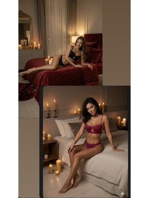 Trend Dokunuş Kadın 2'li Istiridye Model Bordo-Siyah Saten Şeritli Tül Detaylı Dolgulu Sütyen Külot Takımı