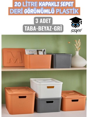 20 Litre Kapaklı Sepet Deri Görünümlü Plastik 3 Adet Taba-Beyaz-Gri