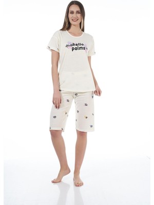 Estiva 22065 Kadın Palmiye Desenli Viskon Kısa Kollu Kaprili Pijama Takımı