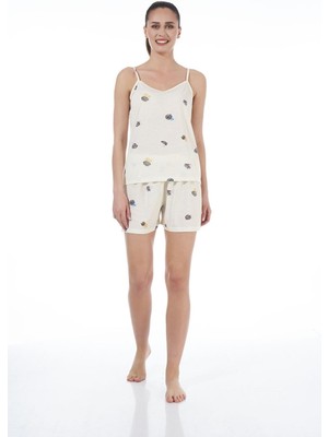 Estiva 22022 Kadın Yaprak Desenli Viskon Askılı Şortlu Pijama Takımı