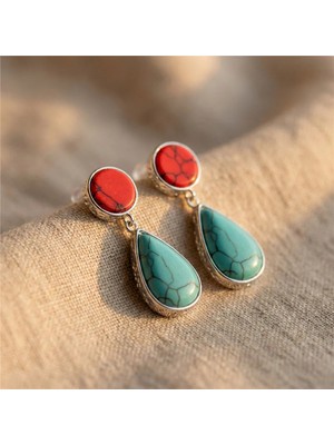 Zeino Kırmızı Mavi Turkuaz Taşlı Sallantılı Damla Küpe - Gümüş Rengi Kaplama 3,7 cm