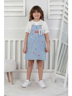 Butik Kız Çocuk Kalp Nakışlı Kot Jile Elbise – Askılı Denim Jile, Günlük ve Şık Kombin