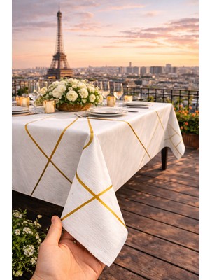 Silinebilir Lüks Su Geçirmez Kaymaz Pvc Masa Örtüsü Muşamba Gold Şerit Desenli Sofra Bezi