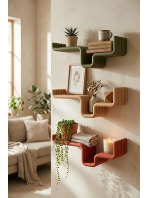 Puffin Design Edge 3'lü Dekoratif Duvar Rafı Seti (Bej, Yeşil, Terracotta)