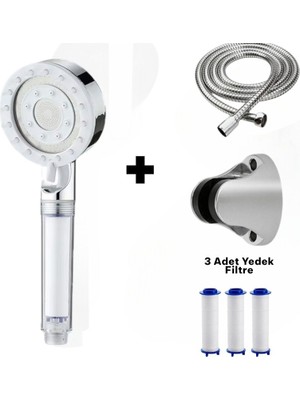 Deyhome 4'lü Set Gri 5 Kademeli Filtreli Masajlı  Duş Başlığı +3 Adet Yedek Filitre+ 150 cm Duş Hortumu + Vidalı Askı Aparatı