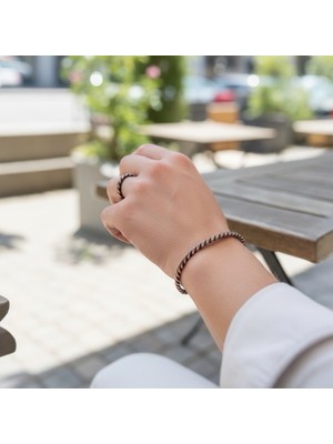 Sevil Gülgün Atelier  Saf Bakır El Yapımı Oksitli Burgu Bileklik ve Yüzük Seti - Ayarlanabilir Erkek Bilezik