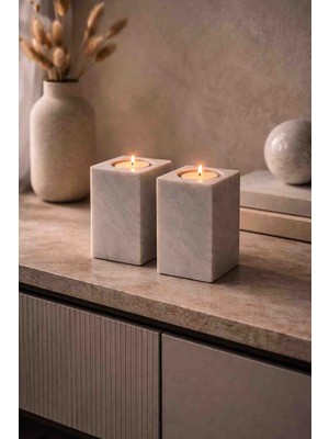 Marbello Doğal Mermer Mumluk 2’li Set 10X6 cm – El Yapımı Kare Tealight Mumluk