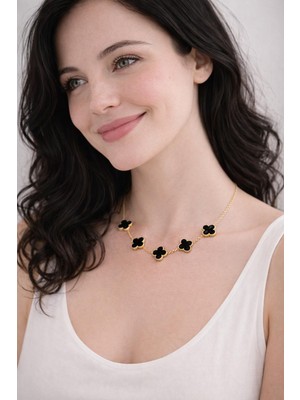 No Name Yonca Motifli Siyah Gold Kolya
