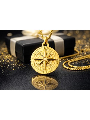 Denizci Tarz Paslanmaz Çelik Şık ve Maskülen Tasarım Altın Renk  Pusula Kolye Erkek