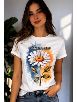 Gmt Ambalaj Kadın Beyaz Tişört – Papatya Baskılı “sade Olan Güzeldir” Tasarım Pamuk+Polyester Tişört (Yetişkin)