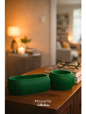 Mosarte Modern Yivli Tasarım Dekoratif Vazo Seti – 2’li Yeşil Koleksiyon
