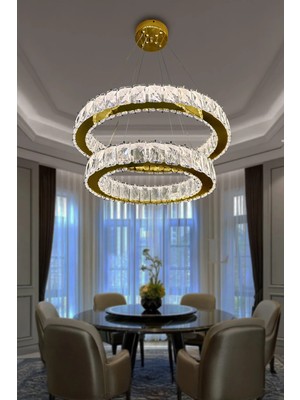 G-Light 2 Katlı Daire Kristal Taşlı Modern LED Avize – Salon & Oturma Odası – 3 Işık Modu – Şık Sarkıt