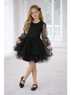 Dıgıl Kids Kız Çocuk Abiye Elbise Kırmızı Misinalı Simli Kolu Tüllü