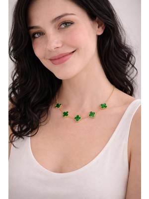 No Name Yonca Motifli Yeşil Gold Kolye