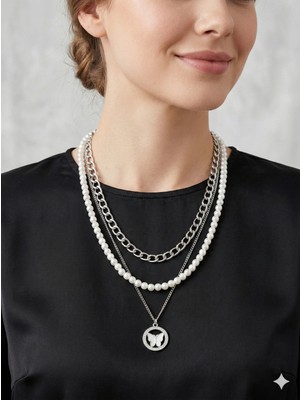 Kelebek Figürlü 3'lü Kombin Kolye - Inci ve Gümüş Renk Zincir Detaylı Çok Katmanlı Kolye