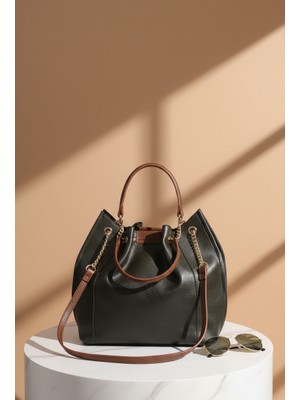 Vardis Zincir Detaylı Ağız Kısmı Büzgülü El ve Omuz Askılı Büyük Boy Kadın Çantası