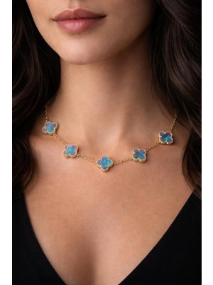 No Name Yonca Motifli Gök Kuşağı Desenli Gold Kolye