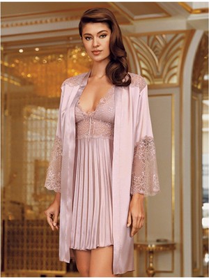 Yeni 4002 Kadın 2'li Saten Çeyiz Kısa Gecelik Sabahlık Takım