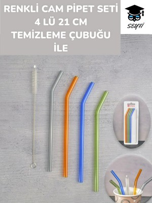 Renkli Cam Pipet Seti 4 Lü 21 cm  Temizleme Çubuğu Ile