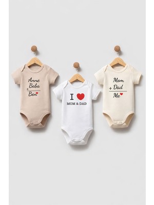 Sunbabyhome %100 Pamuklu Bebek Body - 3'lü Mom And Dad Set Çok Renkli- Bebek Zıbın Badi - Yazılı Zıbın