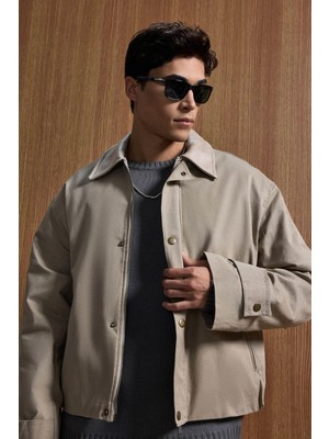 Abluka Online Erkek Relax Fit Kontrast Yaka Ceket Bej