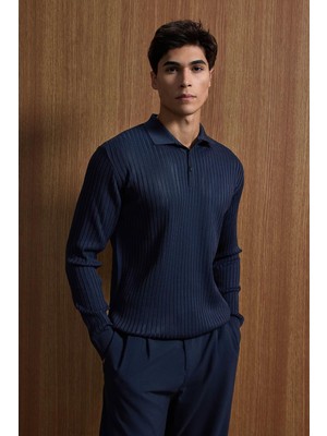Abluka Online Erkek Slim Fit Polo Yaka Fitilli Örme Triko Kazak Lacivert