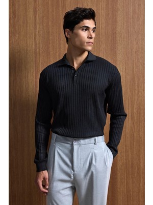 Abluka Online Erkek Slim Fit Polo Yaka Fitilli Örme Triko Kazak Siyah