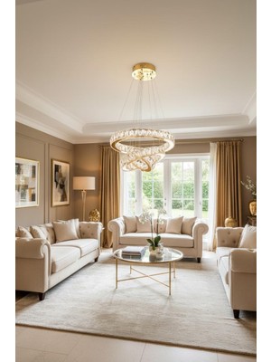 Elizim Home Lighting Kristal 3 Katlı Ledli Uzaktan Kumandalı Gold Avize
