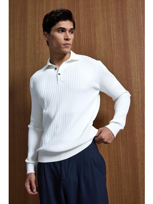 Abluka Online Erkek Slim Fit Polo Yaka Fitilli Örme Triko Kazak Ekru