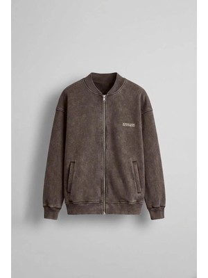 Erkek Oversize Yıkamalı Fermuarlı Sweatshirt Kahverengi