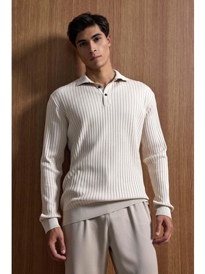 Abluka Online Erkek Slim Fit Polo Yaka Fitilli Örme Triko Kazak Taş Rengi