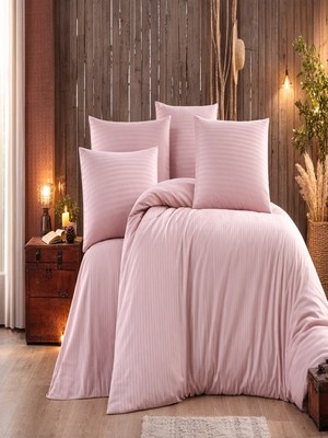 Vionetta Pamuk Saten Açık Pudra Çizgili Otel Serisi Lastikli Çarşaflı Çift Kişilik Nevresim Takımı