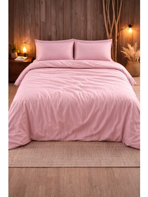 Vionetta Pamuk Saten Açık Pudra Çizgili Otel Serisi Lastikli Çarşaflı Çift Kişilik Nevresim Takımı