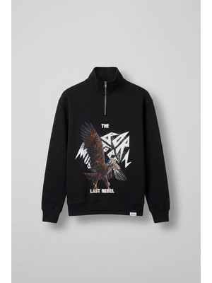 Abluka Online Erkek Rahat Kalıp Baskılı Yarım Fermuarlı Sweatshirt Siyah