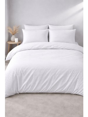 Vionetta Pamuk Saten Beyaz Otel Serisi Lastikli Çarşaflı Çift Kişilik Nevresim Takımı