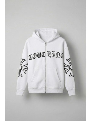 Erkek Oversize Baskılı Kanguru Cepli Fermuarlı Hoodie Beyaz