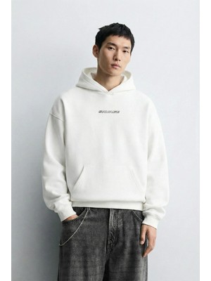 Abluka Online Unisex Oversize Savage Grafik Baskılı Kalın Kapüşonlu Sweatshirt Ekru