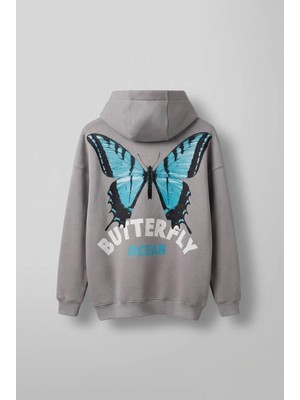 Abluka Online Unisex Oversize Kelebek Baskılı Kalın Kapüşonlu Sweatshirt Gri