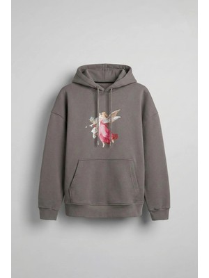Abluka Online Unisex Oversize 'Hero Angel' Grafik Baskılı Kapüşonlu Sweatshirt Gri