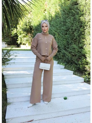 Ronanna Taş Düğmeli Ikili Triko Takım Vizon