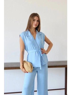 Ronanna Keten Yelek Pantolon Takım Mavi Pt