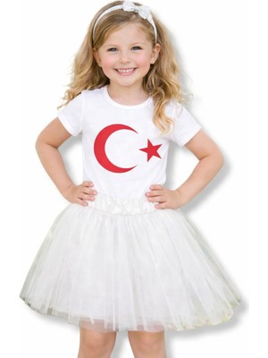 Bilge Trend Kız Çocuk Türk Bayraklı Tişört , Tütü Etek Kombini , 23 Nisan 29 Ekim Etkinlik Gösteri Kıyafeti