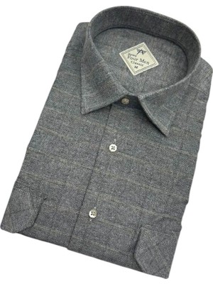 Gömlek Galerisi Klasik Geniş Kesim Gizli Ekoseli Flanel Dokuma Çift Cepli Uzun Kollu Erkek Gömlek