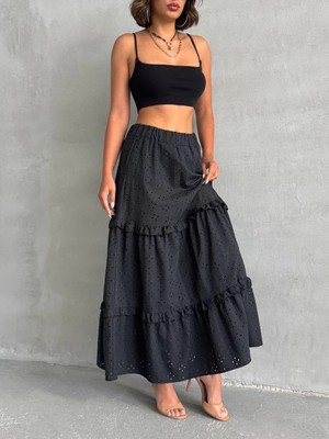 Ronanna Fırfırlı Brodeli Astarlı Uzun Etek Siyah S255047