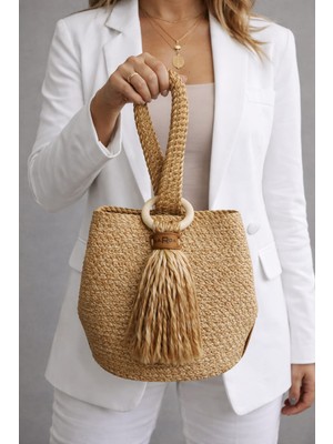 Sarda Şık Kadın Hasır El Çantası Püskül Detaylı