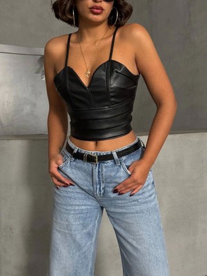 Ronanna Ip Askılı Yandan Fermuarlı Rastale Deri Crop Siyah