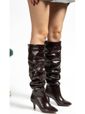 Shemard Kahverengi Kırışık Rugan Ince Topuklu Günlük Bayan Çizme