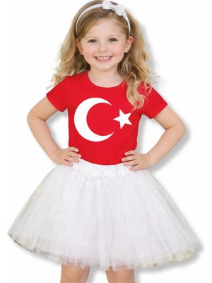 Bilge Trend Kız Çocuk Türk Bayraklı Tişört , Tütü Etek Kombini , 23 Nisan 29 Ekim Etkinlik Gösteri Kıyafeti