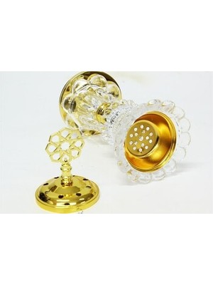 Tekinhediyelik Buhurdanlık Cam Altın Dekorlu Kapak ve Ayak